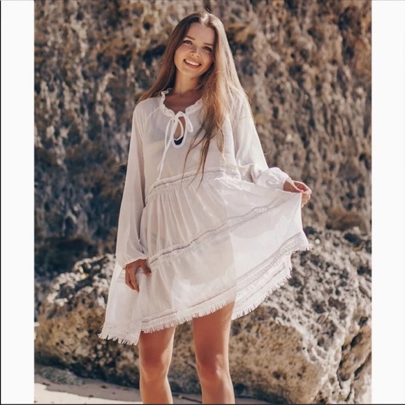 Boho Cottagecore White Long Sleeve Sheer Cover Up Tunic - Picture 4 of 7